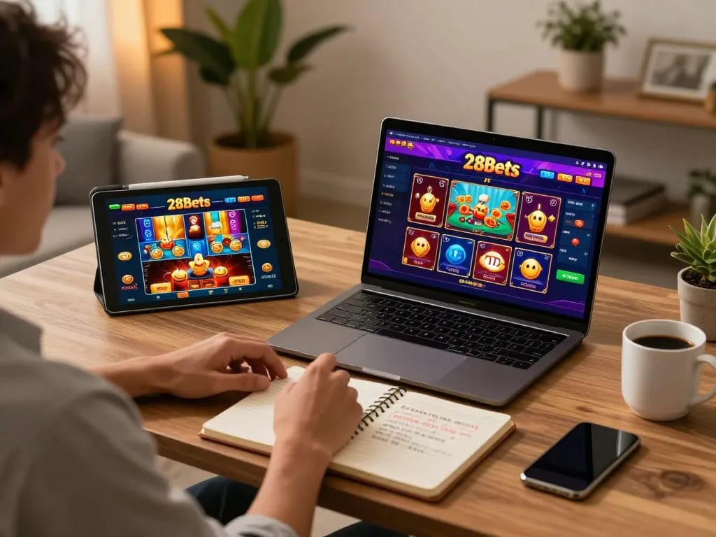 Person playing 28bets online casino game on a laptop with a notebook strategy guide nearby.