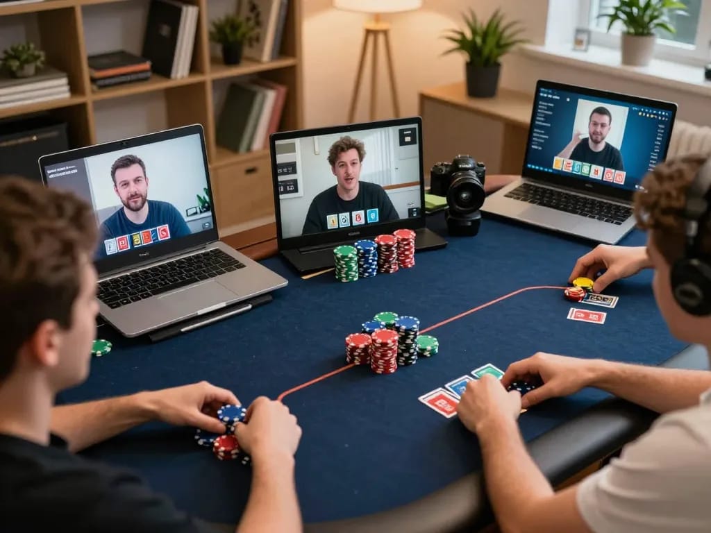IDNSCORE online poker players strategizing during live game in vibrant home setting.