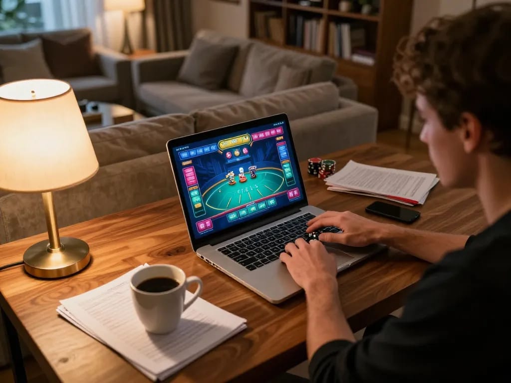 Player engaging with OPEN 88 online poker game on laptop, showcasing strategic gameplay elements