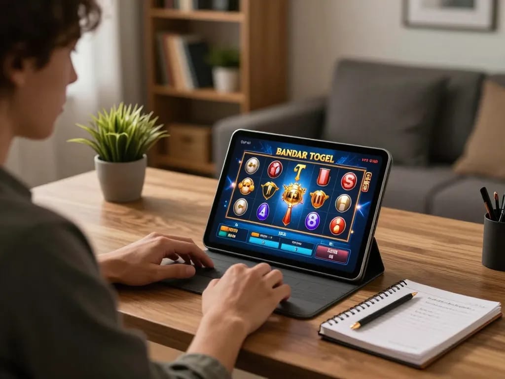 Permainan menarik di rumah dengan Bandar Togel Slot di tablet, dengan catatan strategis terlihat.
