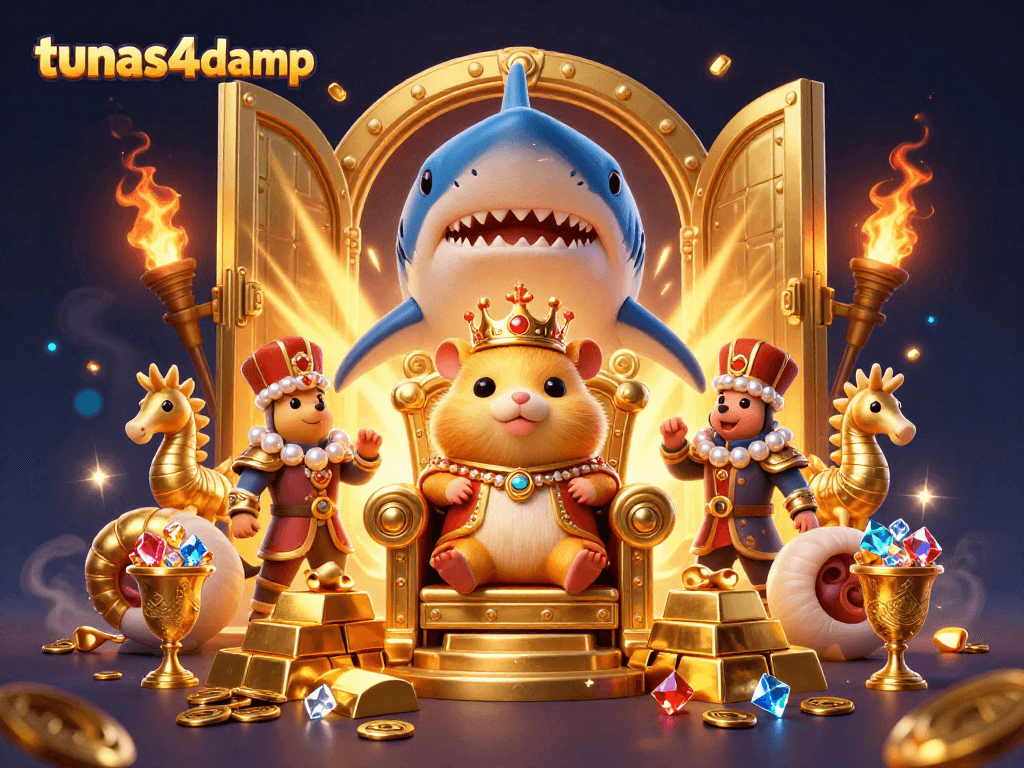 Experience thrilling gaming with tunas4damp, featuring vibrant slot elements and a royal hamster king.