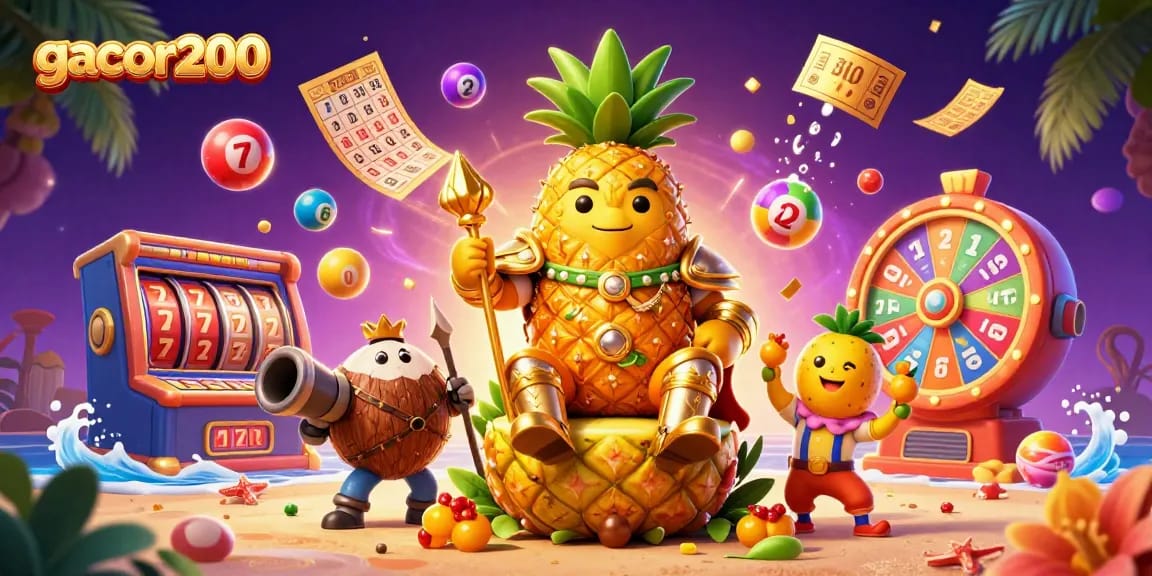 Ikon permainan Gacor200 menampilkan raja nanas, penjaga kelapa, dan badut mempersembahkan keseruan permainan slot.
