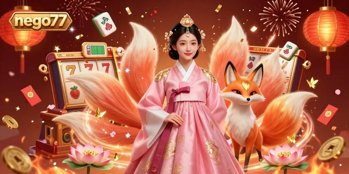 Nego77 showcases a vibrant casino scene with a graceful Asian woman and a lucky fox amidst vivid slot game elements.