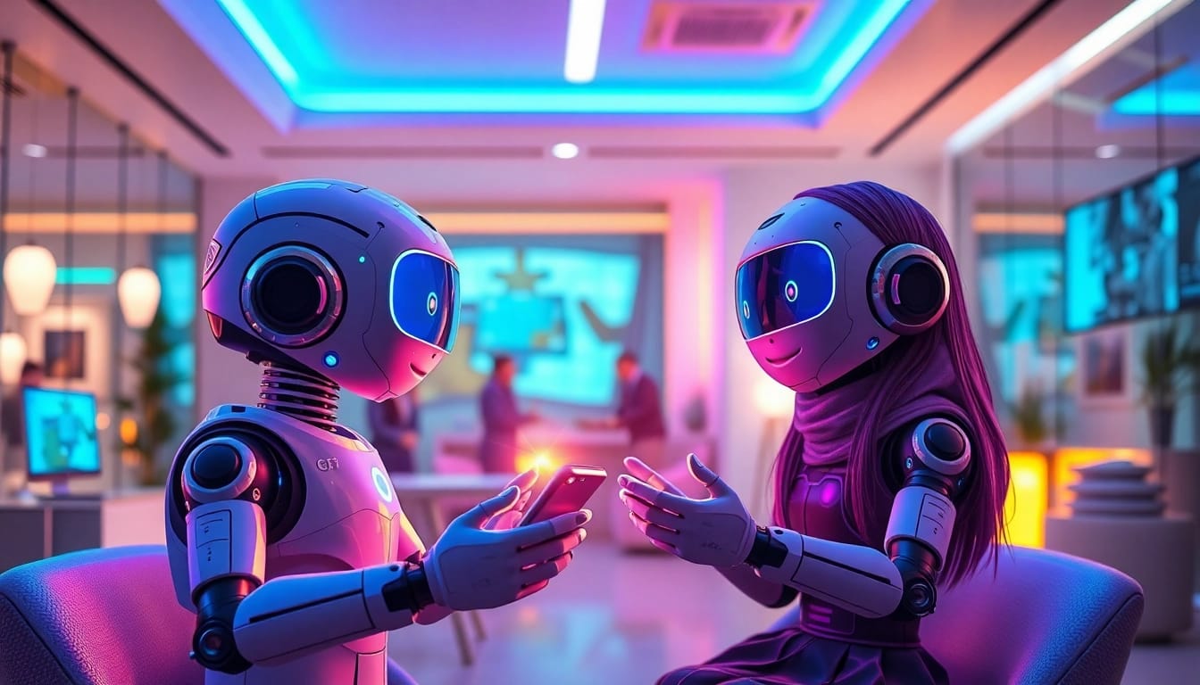 Engaging AI conversation scene featuring crushonai companions in a vibrant, digital environment.
