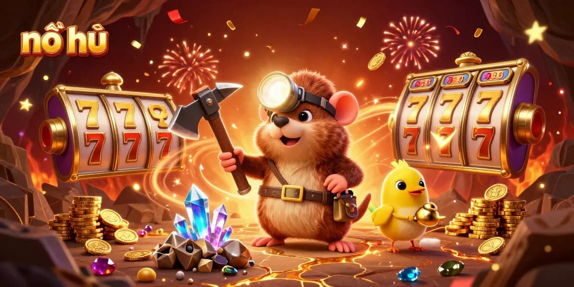 Experience thrilling nổ hũ wins with vibrant slot visuals and energetic characters in this captivating illustration.