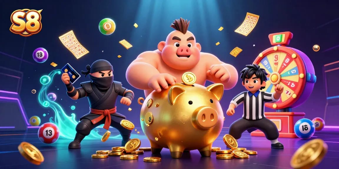 Experience thrilling wins at S8 with lively casino elements, golden coins and vibrant lottery balls.