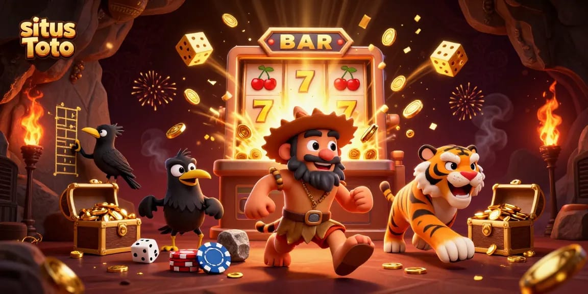 Experience exciting gameplay at situs Toto with a caveman and sabertooth tiger in a vibrant casino scene.