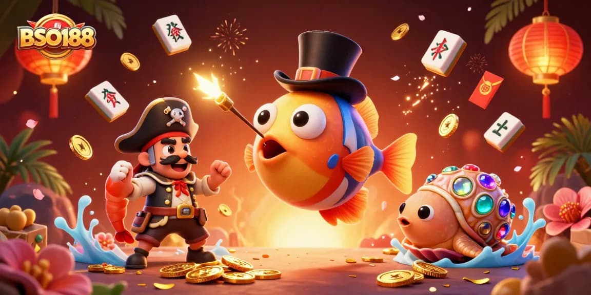 Engage with BSO188's vibrant 3D casino scene featuring animated characters and festive elements.