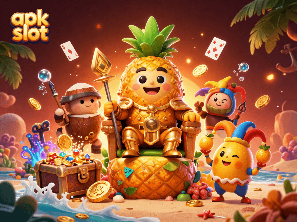 Rasakan keseruan apk slot dengan raja nanas emas di kasino pantai, dikelilingi harta karun dan simbol slot.