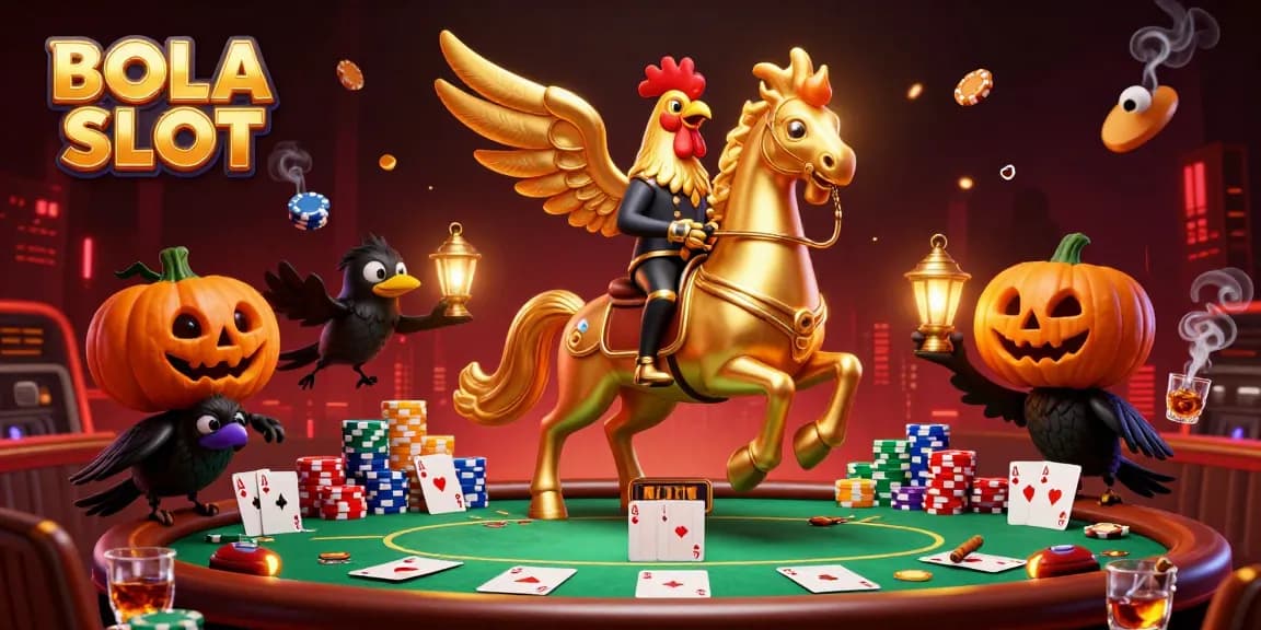 BOLA SLOT features a golden rooster with a glowing head, riding a spectral horse in a vibrant casino scene.