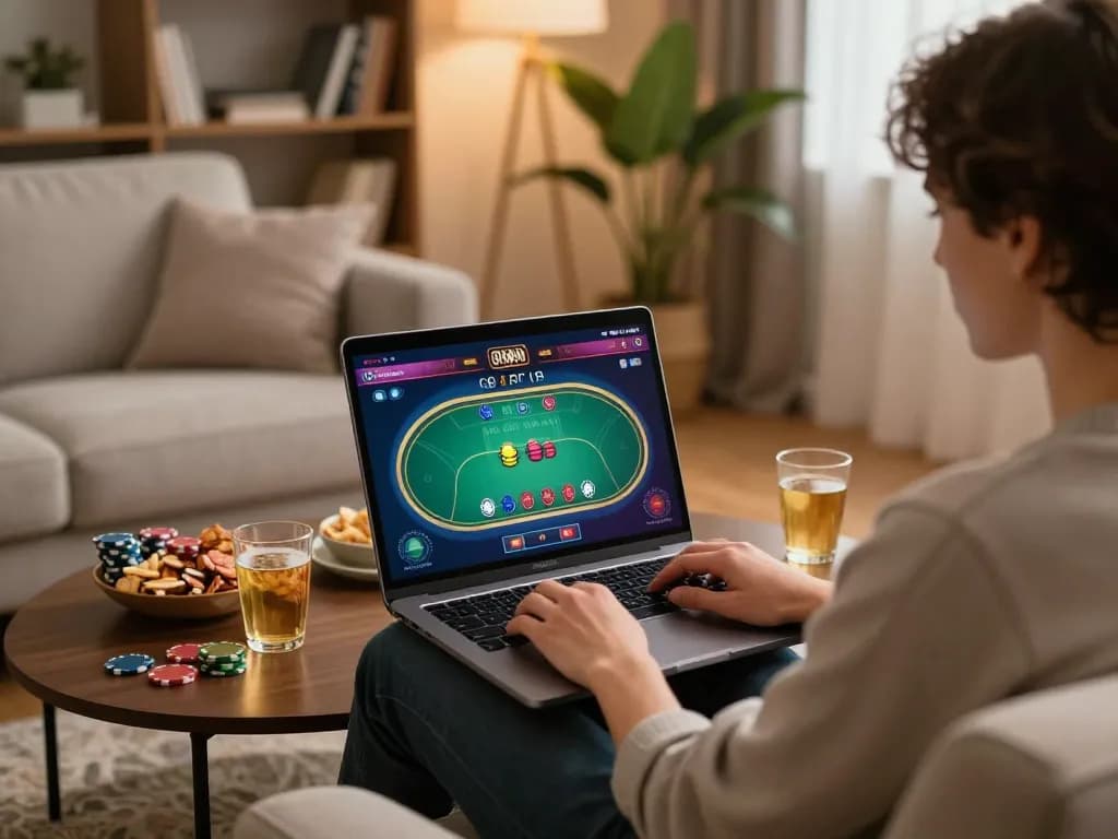 Player engaged in OK8386 online casino game from the comfort of home, emphasizing thrilling gaming experience.