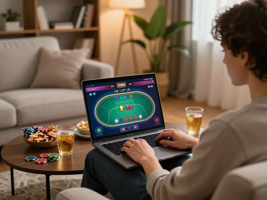 Player engaged in OK8386 online casino game from the comfort of home, emphasizing thrilling gaming experience.