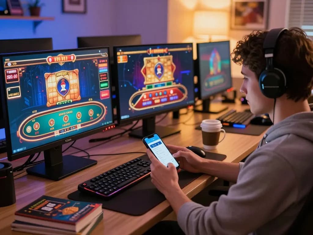 Engaged player exploring harga toto online gaming strategies on multiple screens in a stylish home setup.