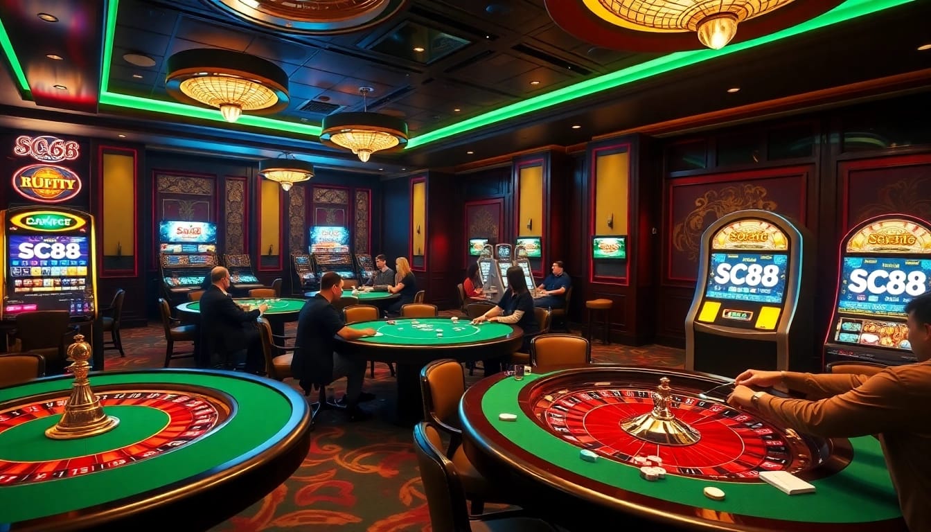 Gambling excitement at SC88 casino with lively tables and poker chips in action.