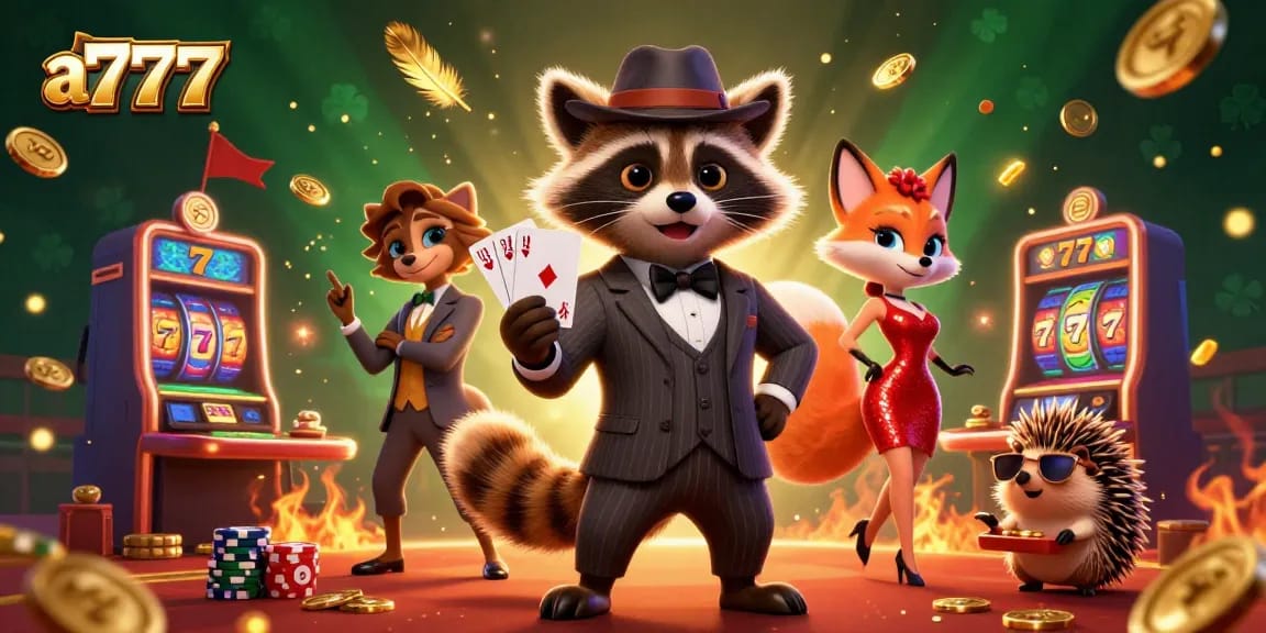 Win big with a7777 in this lively casino scene featuring a stylish raccoon and friends.