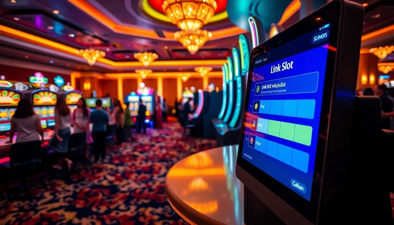Experience the excitement of link slot via pulsa at a luxurious casino setting with vibrant slot machines.