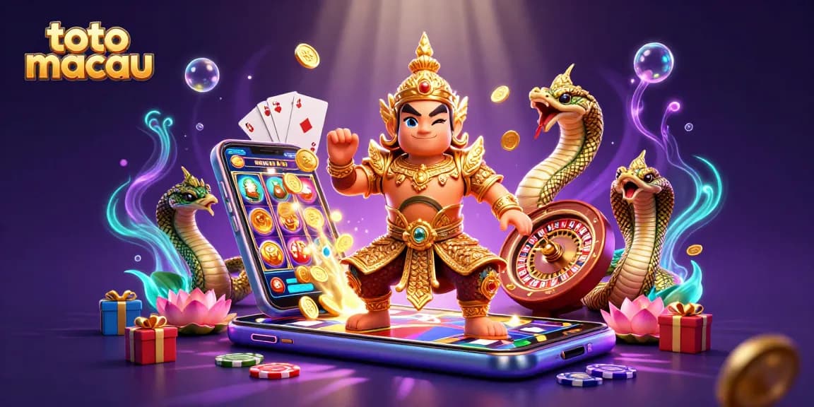 Play exciting toto macau games with a vibrant 3D illustration showcasing diverse casino elements.