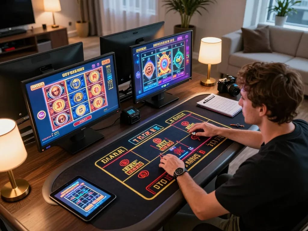 Engaging player strategies with lc88 online gaming setup featuring multiple screens and a sleek atmosphere