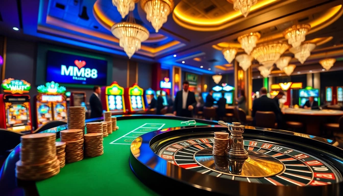 Experience the thrilling atmosphere of MM88 with vibrant casino tables and poker chips.