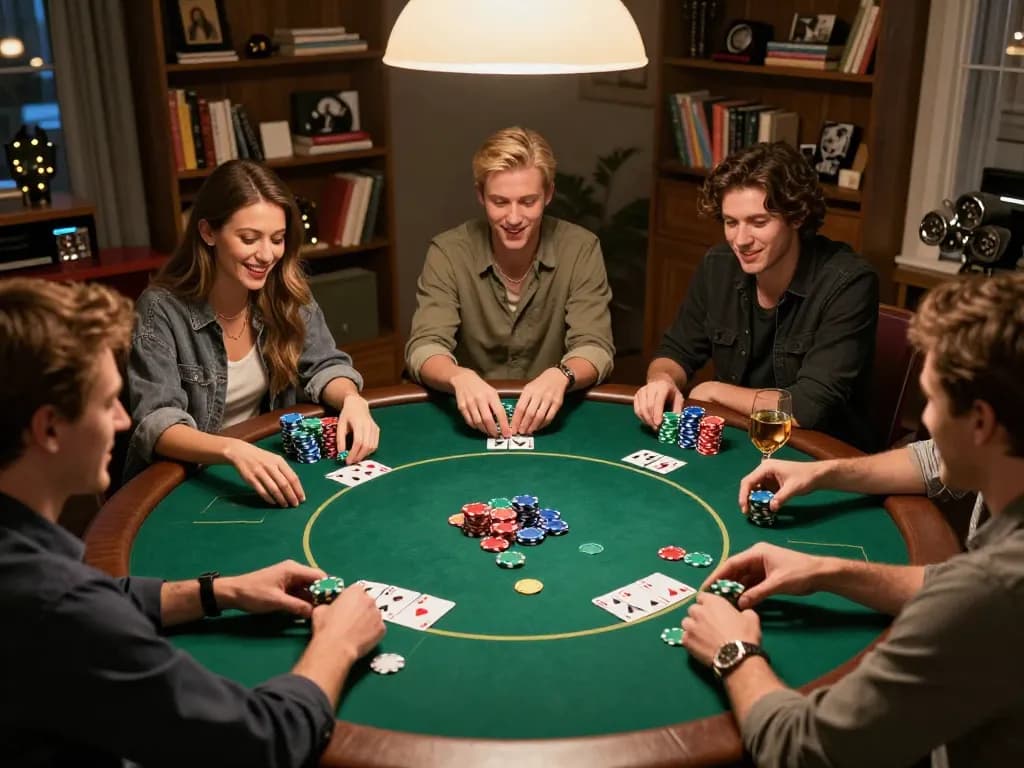 Friends enjoying a lively poker game at home with alfa 138 chips on the table, creating a warm atmosphere