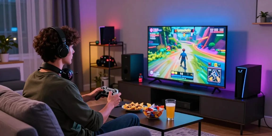 Engaged gamer playing tempototo in a cozy living room setup with snacks and vibrant gaming visuals.