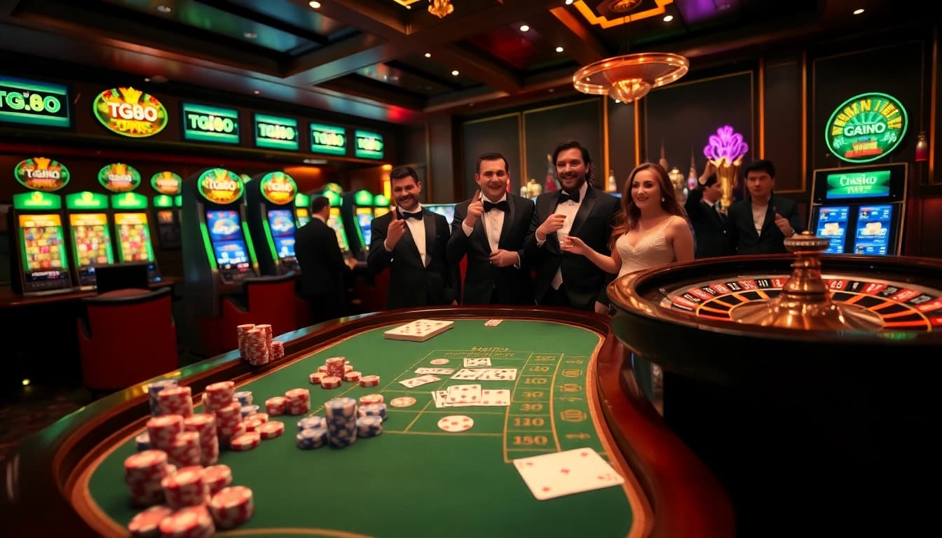 Players enjoying high-stakes excitement at tg88 casino table with chips and cards.