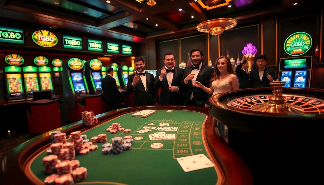 Players enjoying high-stakes excitement at tg88 casino table with chips and cards.