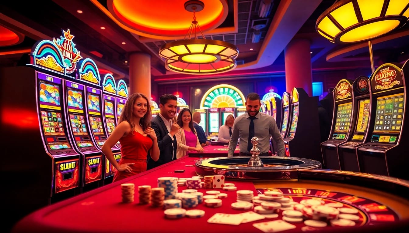 Players enjoying the thrill of link alternatif slot machines in a vibrant casino scene.