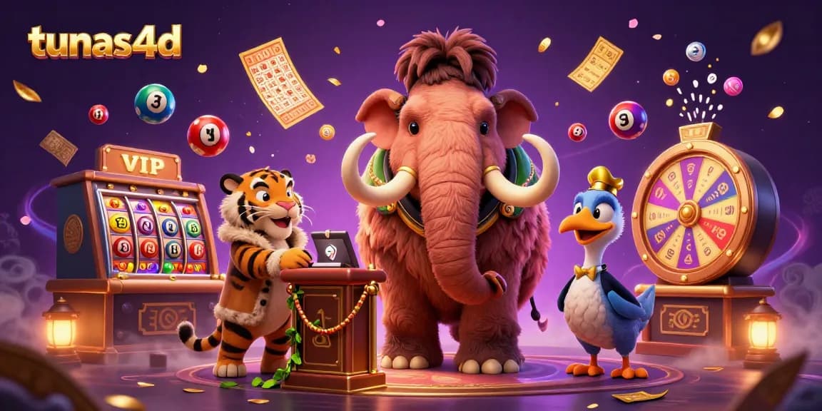 Tunas4d showcases a vibrant scene featuring a woolly mammoth bouncer, a saber-tooth VIP, and a dodo doorman amidst colorful gambling elements.