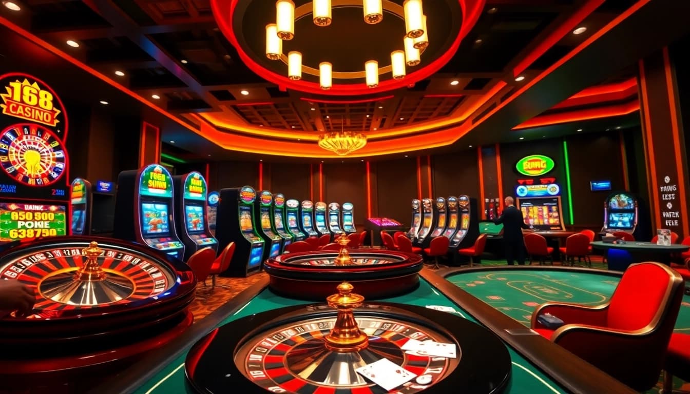Experience F168’s thrilling casino atmosphere with vibrant roulette wheels and poker tables.
