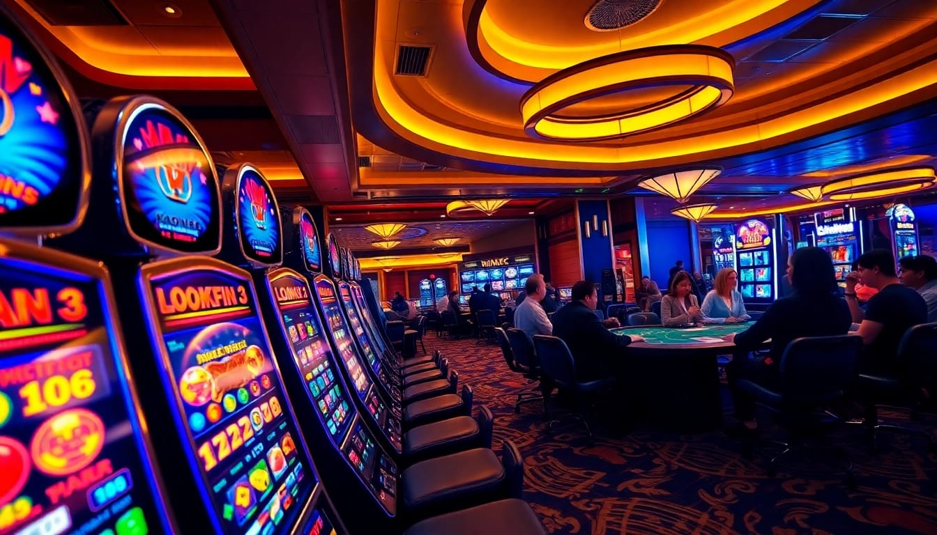 Menang besar di permainan ondel4d kasino dengan dealer yang tersenyum dan mesin slot berkilau.
