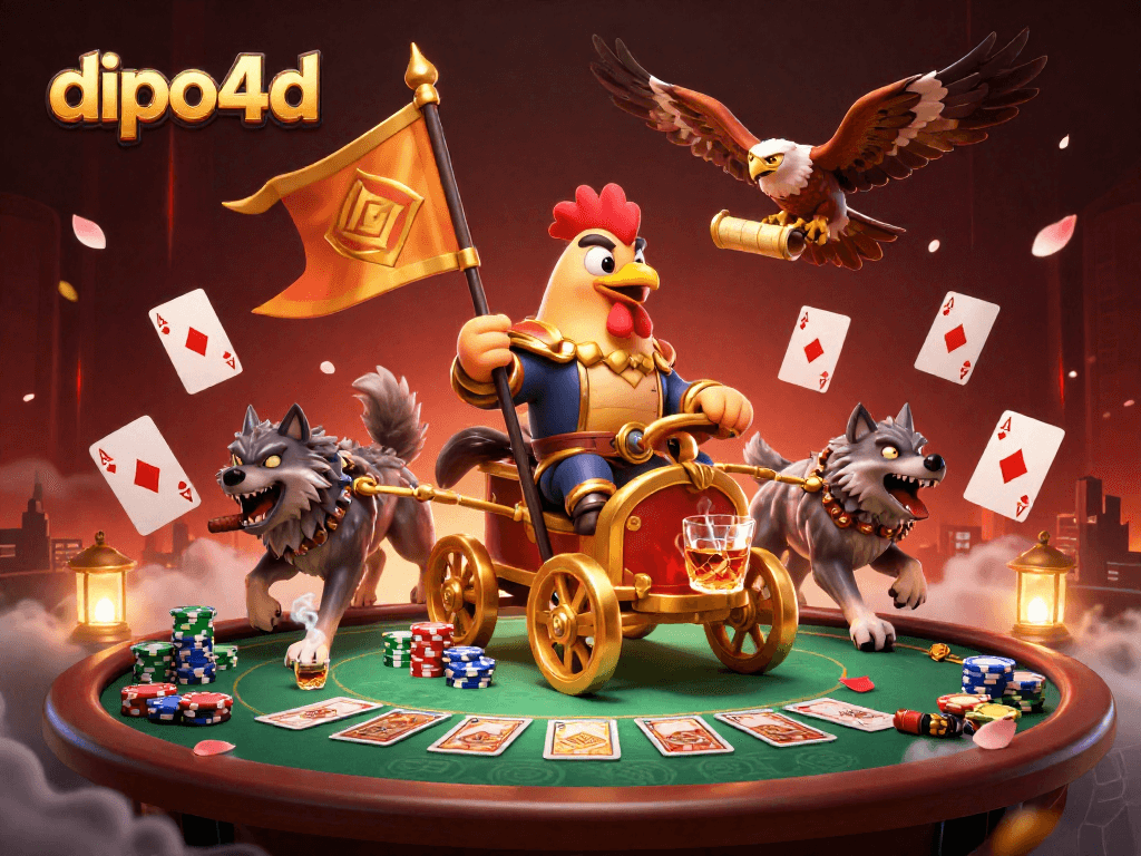 Experience thrilling poker action in a vibrant dipo4d illustration featuring a rooster warlord.