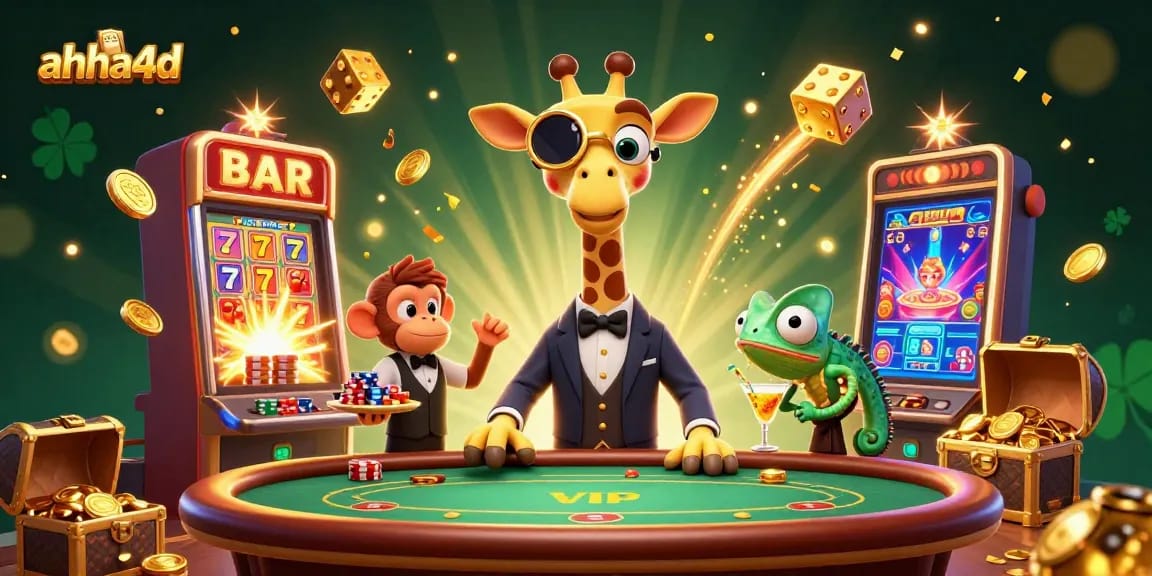 Experience thrilling wins with AHHA4D's engaging casino scene featuring a high-roller giraffe.
