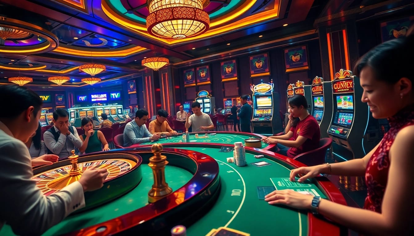 Exciting gambling scene with players at tables inspired by Vaoluoi TV, showcasing thrill and luxury.