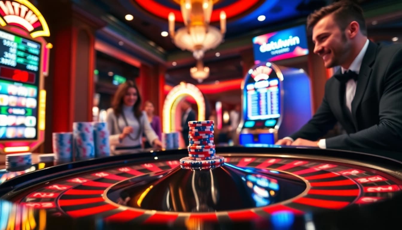 Aksi perjudian intens menampilkan Datukwin di atas meja roulette yang berwarna-warni, menonjolkan kegembiraan dan strategi.