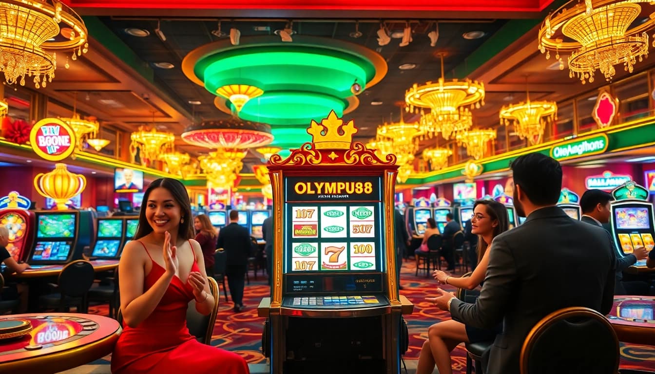 OLYMPUS88 slot machine surrounded by enthusiastic players in an elegant casino atmosphere.