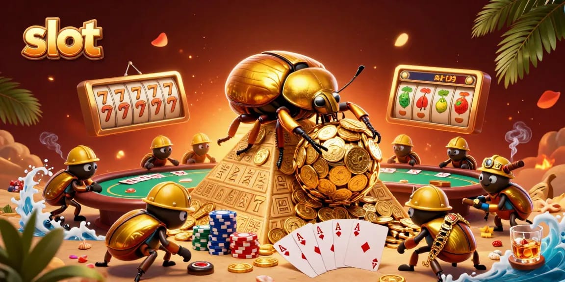 Menangkan jackpot slot dengan ilustrasi kumbang emas berusaha dengan koin emas di kasino