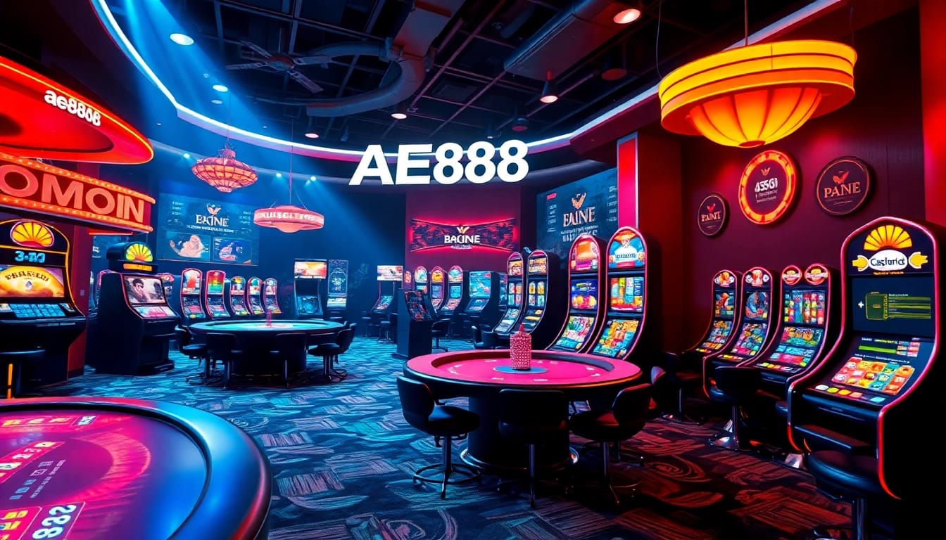 Hệ thống AE888 gaming ecosystem showcasing live casino tables, sports betting, and slot machines in a vibrant atmosphere.