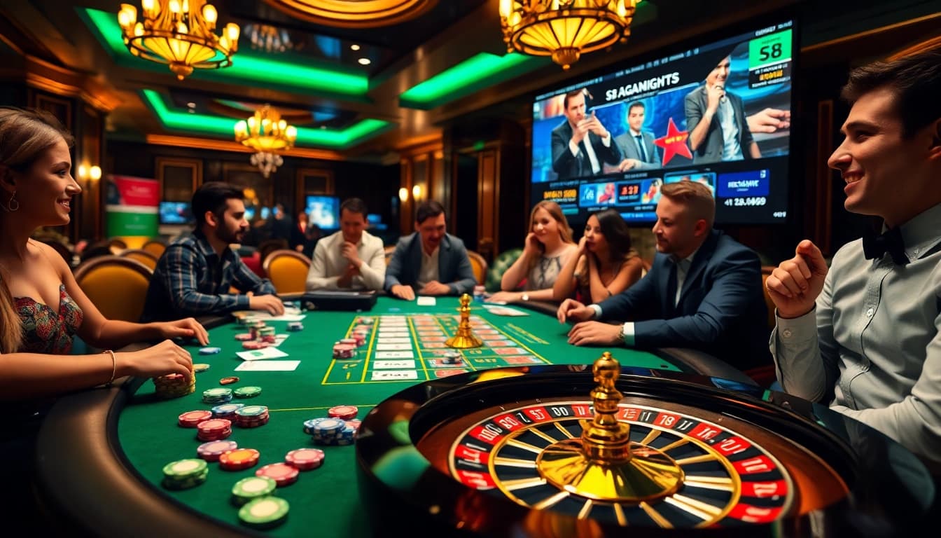 Players enjoying an engaging S8 casino experience with vibrant poker chips and a roulette wheel.