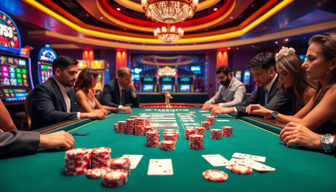 Experience high-stakes gaming at 78win.dental with a vibrant poker table and excited players.