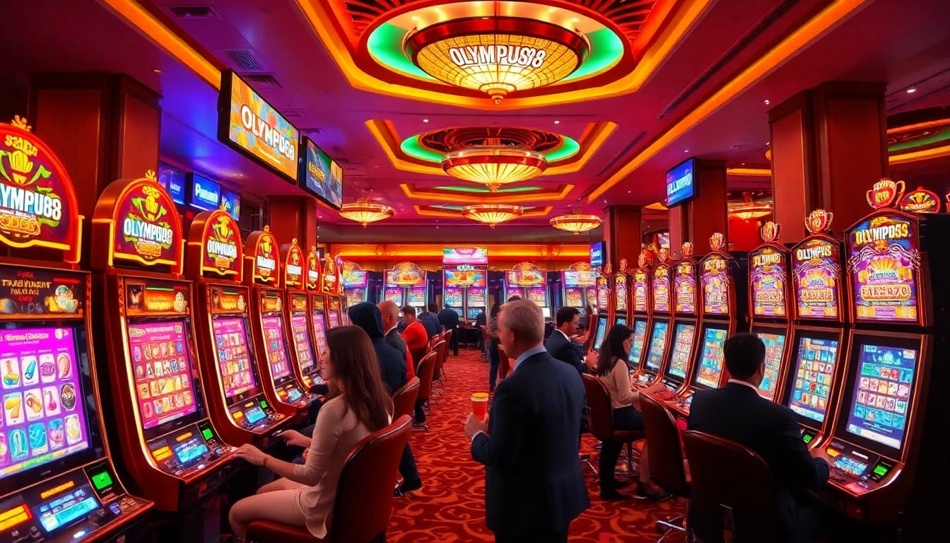 OLYMPUS88 menampilkan mesin slot berwarna cerah dan pemain yang terlibat dalam permainan yang seru.