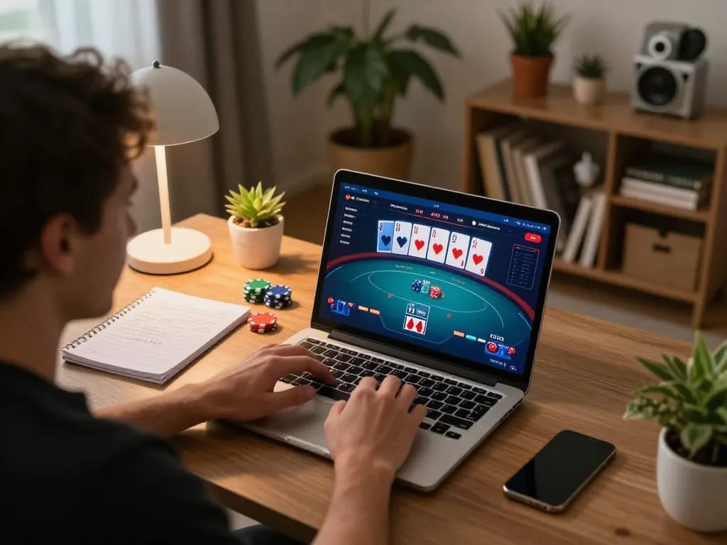 Engaging online poker scene showcasing top 10 game bài strategies with a player focused on their laptop.