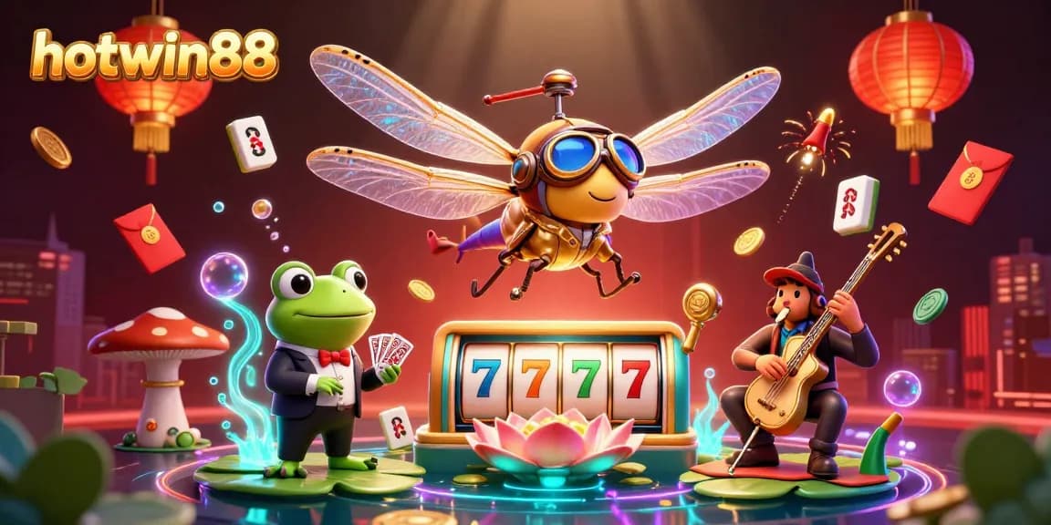Experience thrilling wins at hotwin88 with a lively 3D casino scene showcasing vibrant slot games and entertainment.