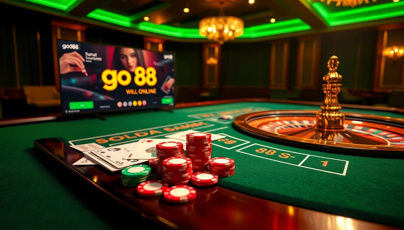Engaged players at a go 88 casino table showcasing vibrant chips and elegant cards.