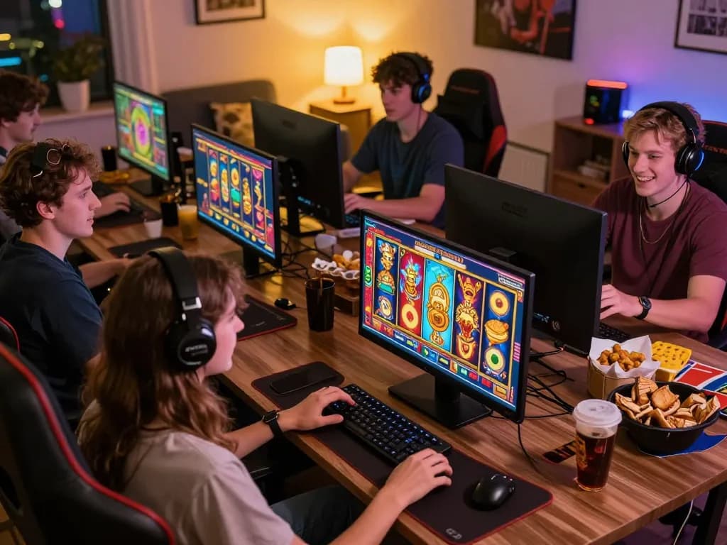 Exciting slot game session with players enjoying Zeus-themed online slots, capturing joy and engagement.
