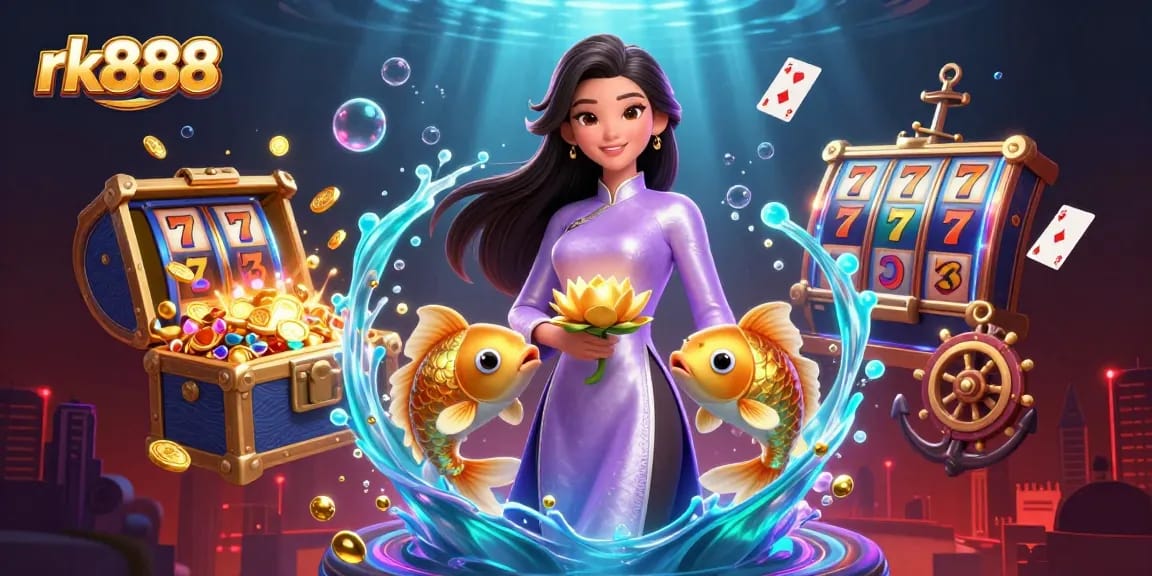 Experience the thrill of rk888 with a stunning scene showcasing an elegant woman and golden koi fish amidst vibrant slots and treasures.