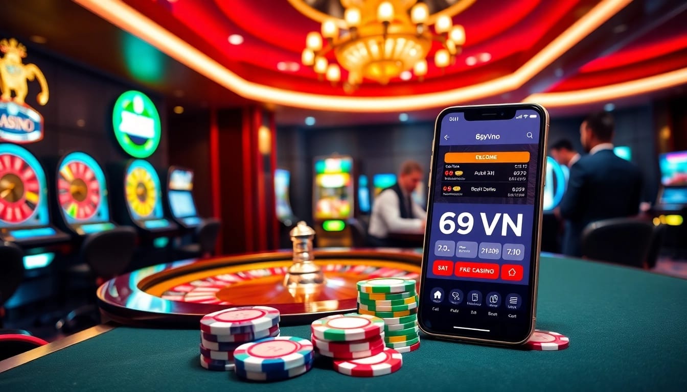 Exciting scene at 69VN casino showcasing roulette, poker chips, and online betting.