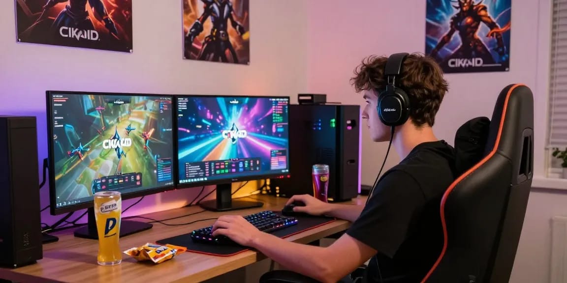 CIKA4D online gaming setup showcasing a focused gamer with vibrant screens and cozy lighting.