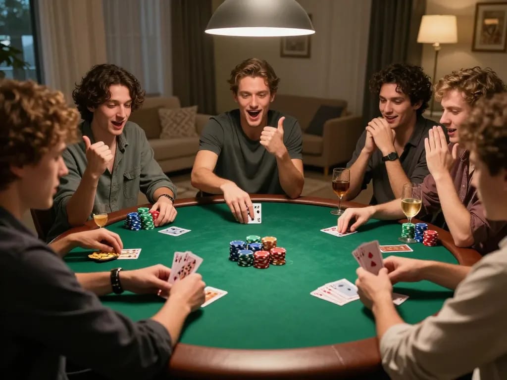 Friends enjoying a poker night at home, playing SC88 casino games with excitement.
