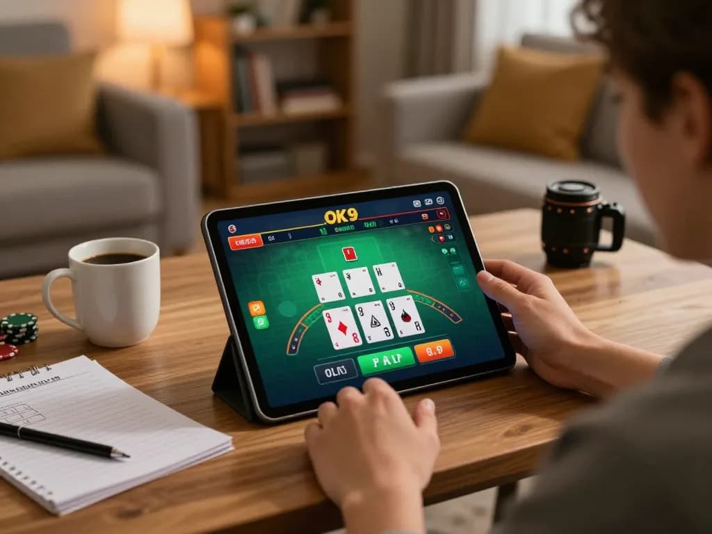 Player enjoying the OK9 blackjack game online from a cozy home setup, showcasing responsible gambling.